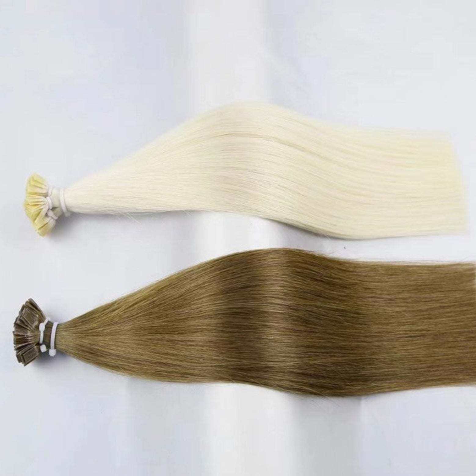 Flat tip keratin human hair extensions, 16-inch length, two color options.