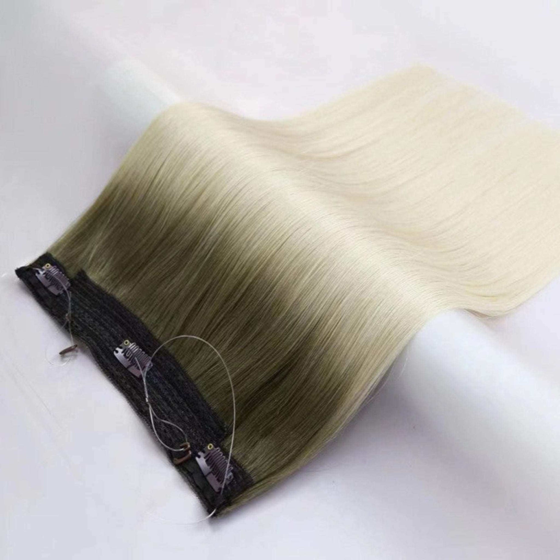 Halo Hair Extensions, 28-inch length, 100% Remy human hair, featuring a thin invisible wire for easy application.