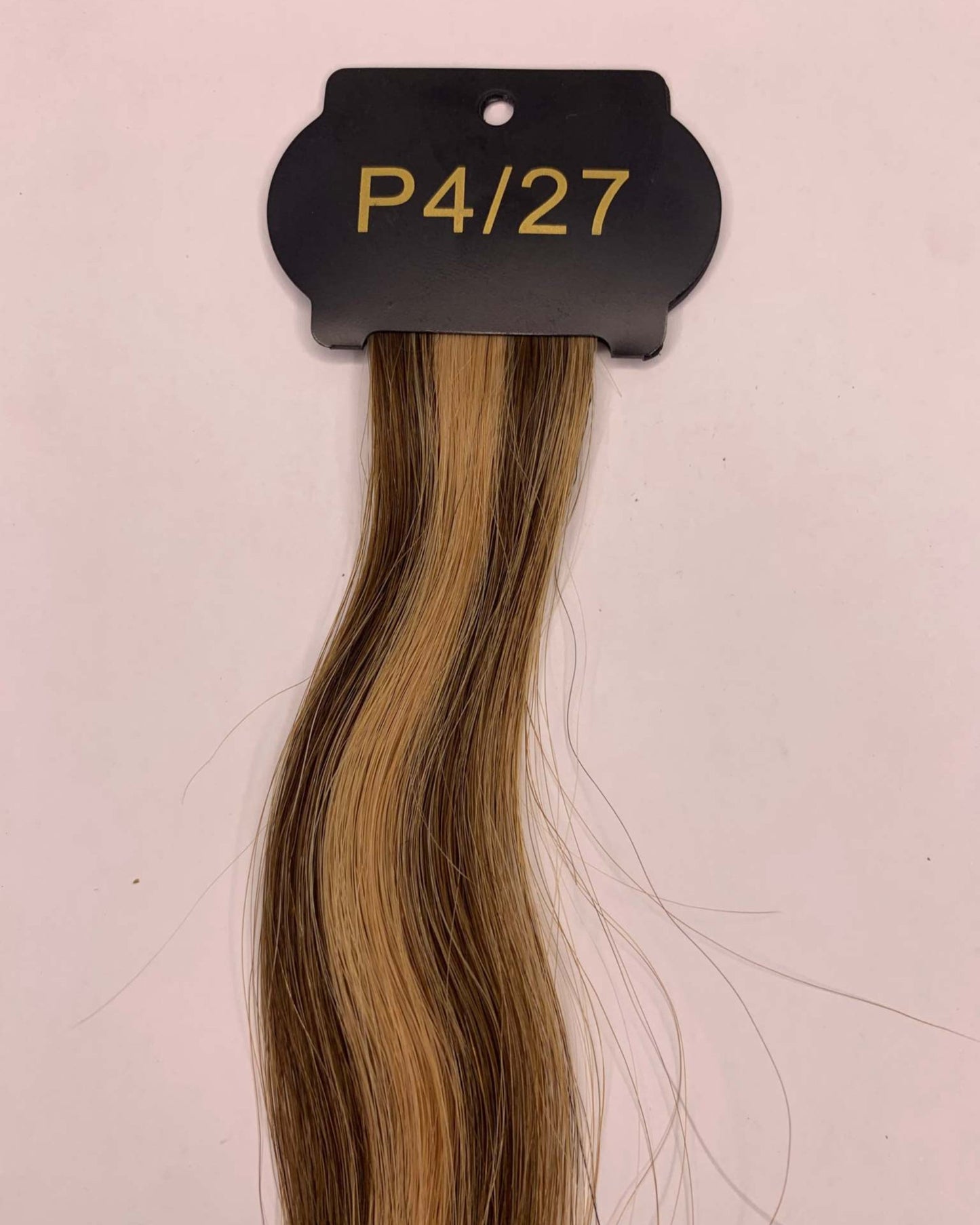 26-inch 6D human hair extensions in color P4/27, quick installation and low maintenance.