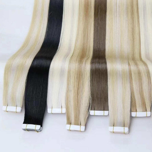 Tape in hair extensions, natural human hair, 24 inches, multiple color shades.