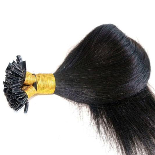 U tip Keratin human hair extensions, 14-inch length, black strands with keratin bonds.