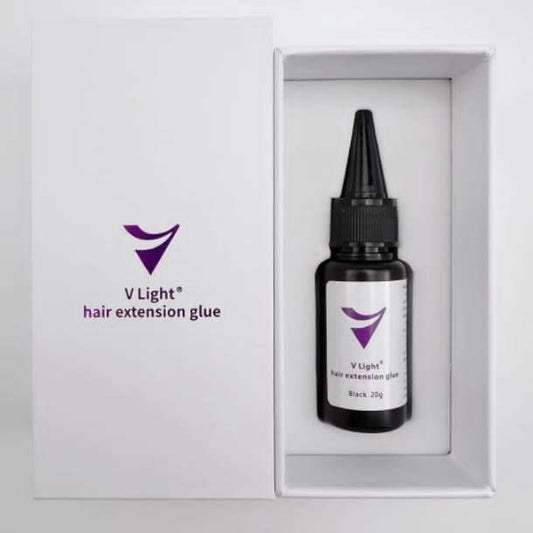 V light hair extension glue in packaging, designed for safe and effective removal of keratin-bonded extensions.
